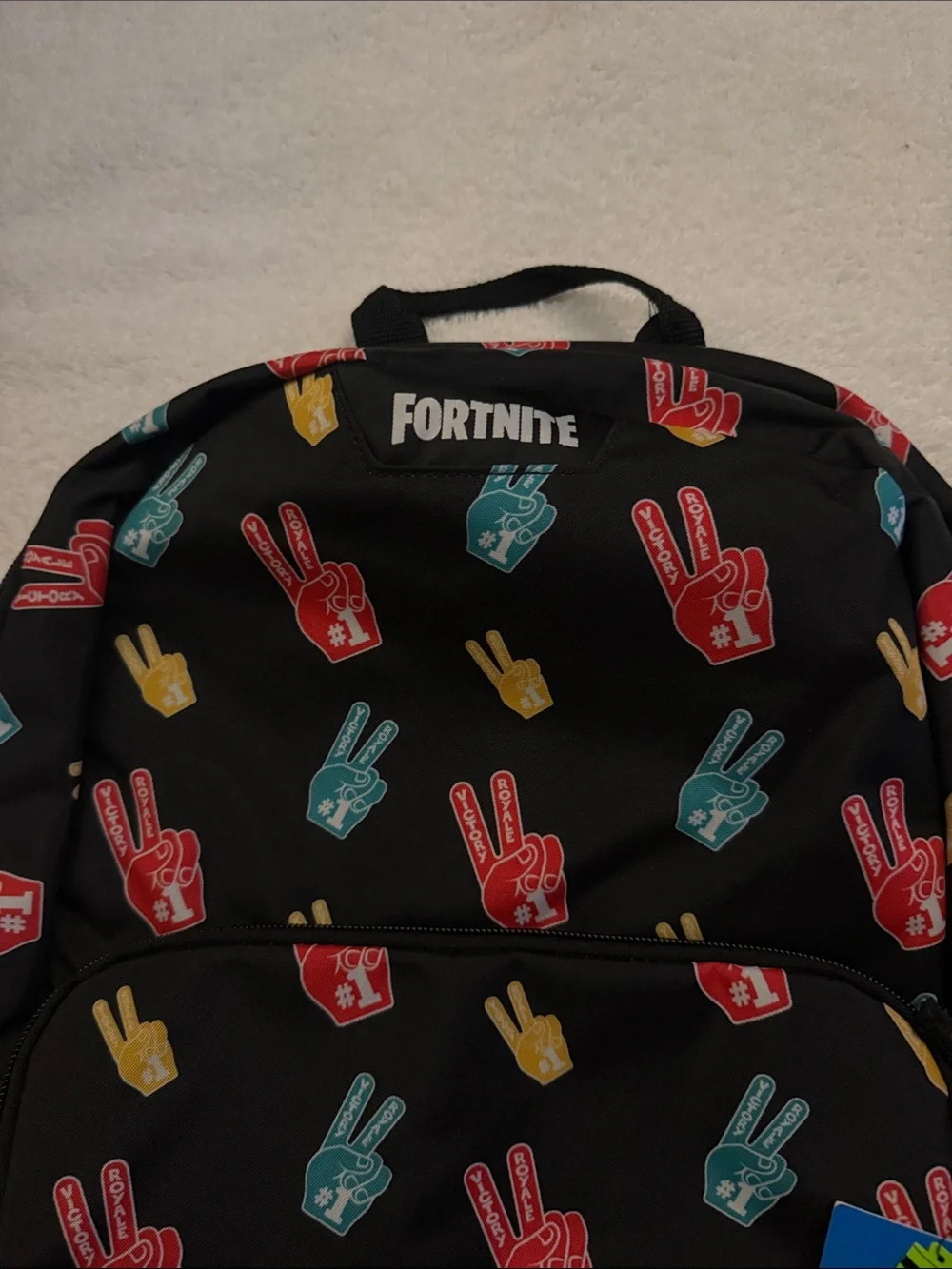 Fortnite Black Backpack with Multi-Color Peace Sign Print. NWT